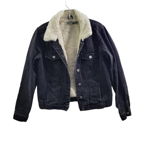 Topshop Jackets & Blazers - Topshop Moto Black Jean Jacket With Sherpa Lining Size 6  92724-1Clo3